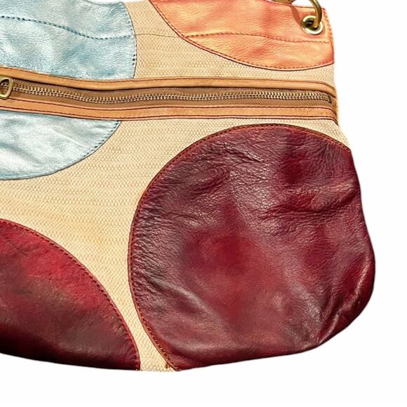 Vintage FOSSIL Leather Canvas Bag Patchwork Circles Crossbody Shoulder Logo Key - Picture 8 of 9